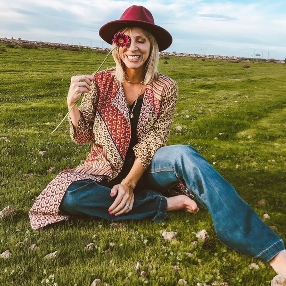 Blogger Favorite CAbi Women's Yellow Red Patchwork Open Front Kimono size Small - Picture 2 of 12